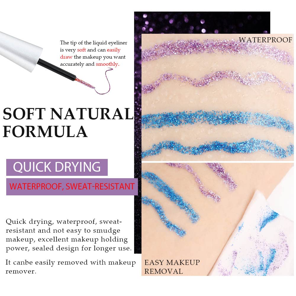 evpct 2Pcs Royal Blue Purple Liquid Glitter Eyeliner Set, Shimmery Finish