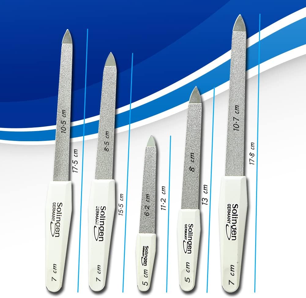 SMI 5 Pcs Solingen Germany Sapphire Metal Nail File Set + 1 Curved File - Fine and Coarse Nail Files - Double Sided Professional Manicure Pedicure Kit Best Nail File for Fingernail Toenail Care