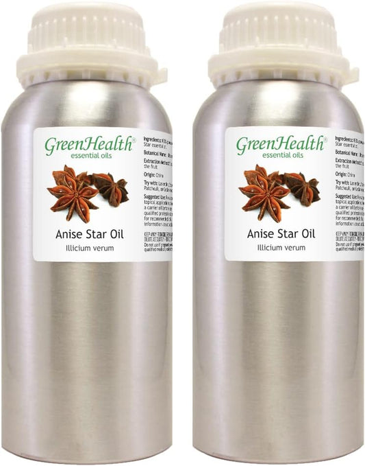 GreenHealth Anise Star Essential Oil 2 Pack – 16 fl oz Each (32 oz Total) | 100% Pure & Uncut | Aluminum Bottles for Long-Term Storage | Bulk Essential Oil for Aromatherapy, Candle Making, Diffusers
