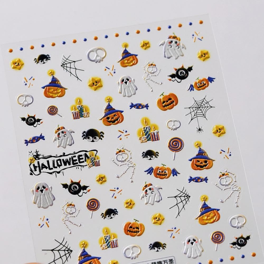 Halloween Nail Art Stickers Pumpkin Star Nail Decals Cute Ghost Nail Stickers with Design Skull Nails Art Decals 5D Embossed Self Adhesive for Women Girls Kid Manicure Charms DIY Decoration