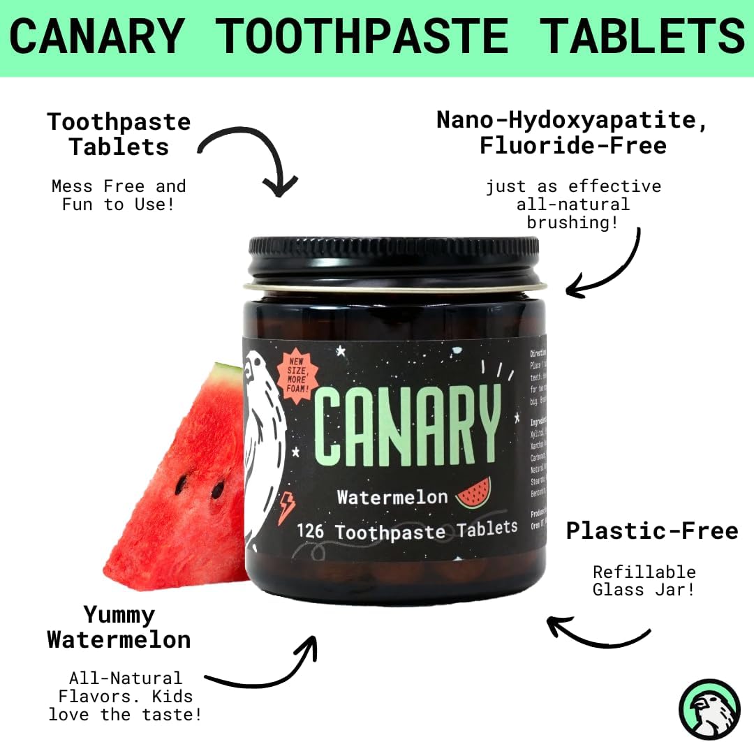 Canary Nano Hydroxyapatite Toothpaste Tablets Watermelon- Remineralizing, Fluoride Free, All Natural Tabs with Xylitol - Great for Kids, Plastic Free - 126 Count