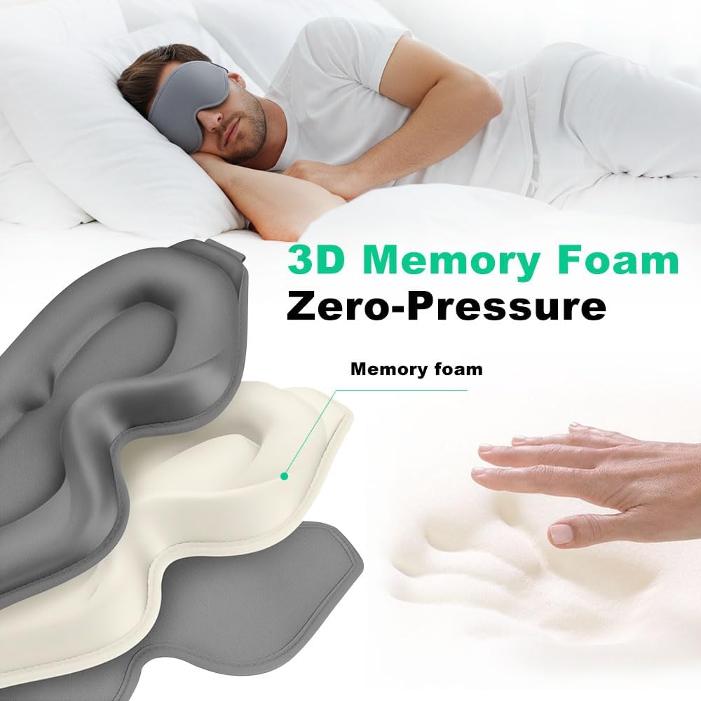 3D Contoured Sleep Eye mask Side Sleeper Men Women Zero Eye Pressure high Density Memory Foam Soft Breathable Light Blocking Night Blindfold Travel Yoga Napping Gray
