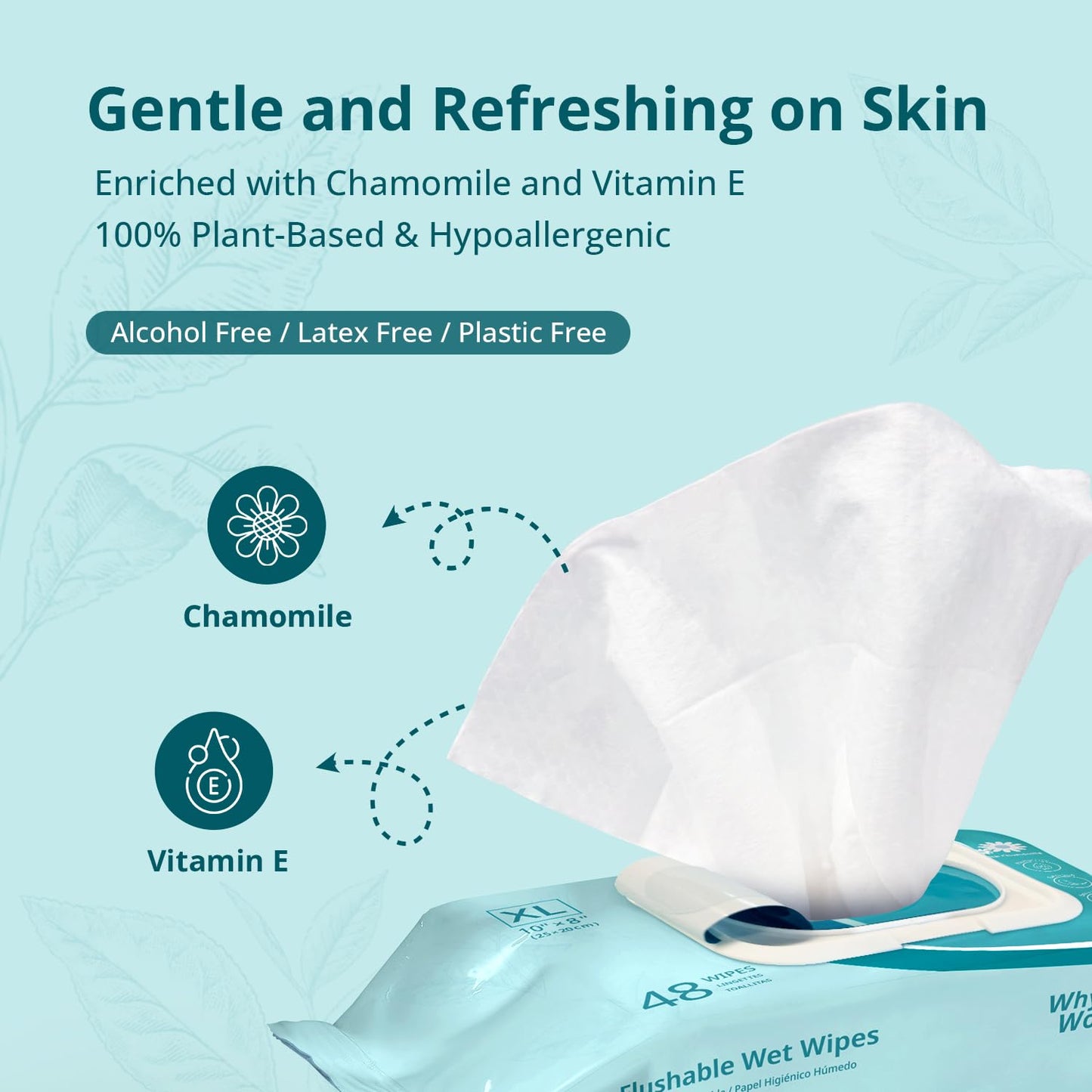 WhyWorry Flushable Wipes for Adults, Extra Large 8"x10" Butt Wipes for Personal Hygiene & Cleansing, with Chamomile and Vitamin E, 100% Plant-Based, Septic & Sewer Safe, Unscented, 48 Count