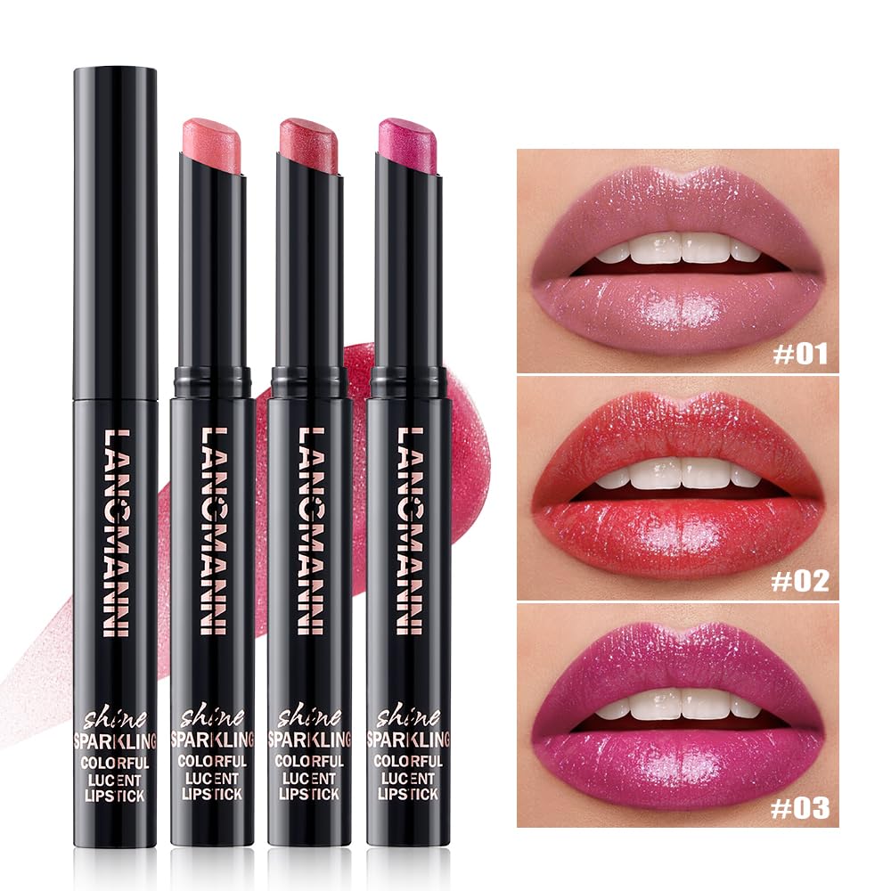 Jolilab 4Pcs Sparkling Lipstick Lip Gloss Long Lasting Waterproof Moisturizer Lip Balm Glitter Shimmer Metallic Lipstick, Diamond Shiny Bold Glow Goth for Women Girls,Non-sticky(01+02+07+08
