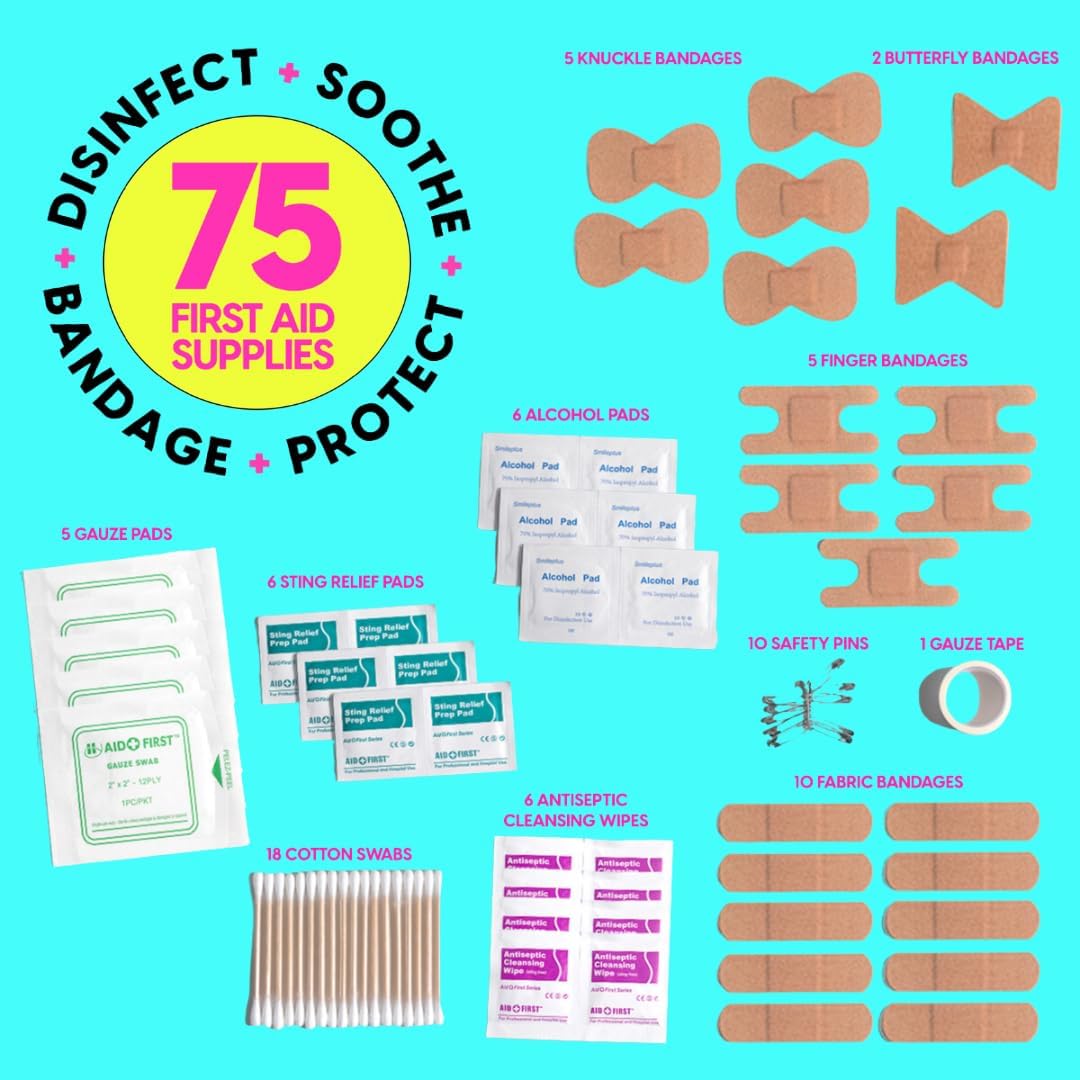 BLINGSTING First Aid Kit - 75 Essential First-aid Supplies, Bandages, Wipes, Gold Travel Case - Multipurpose Mini Emergency Kit for Women - Pink Interior - Compact & Versatile - TSA Approved (1 Count)