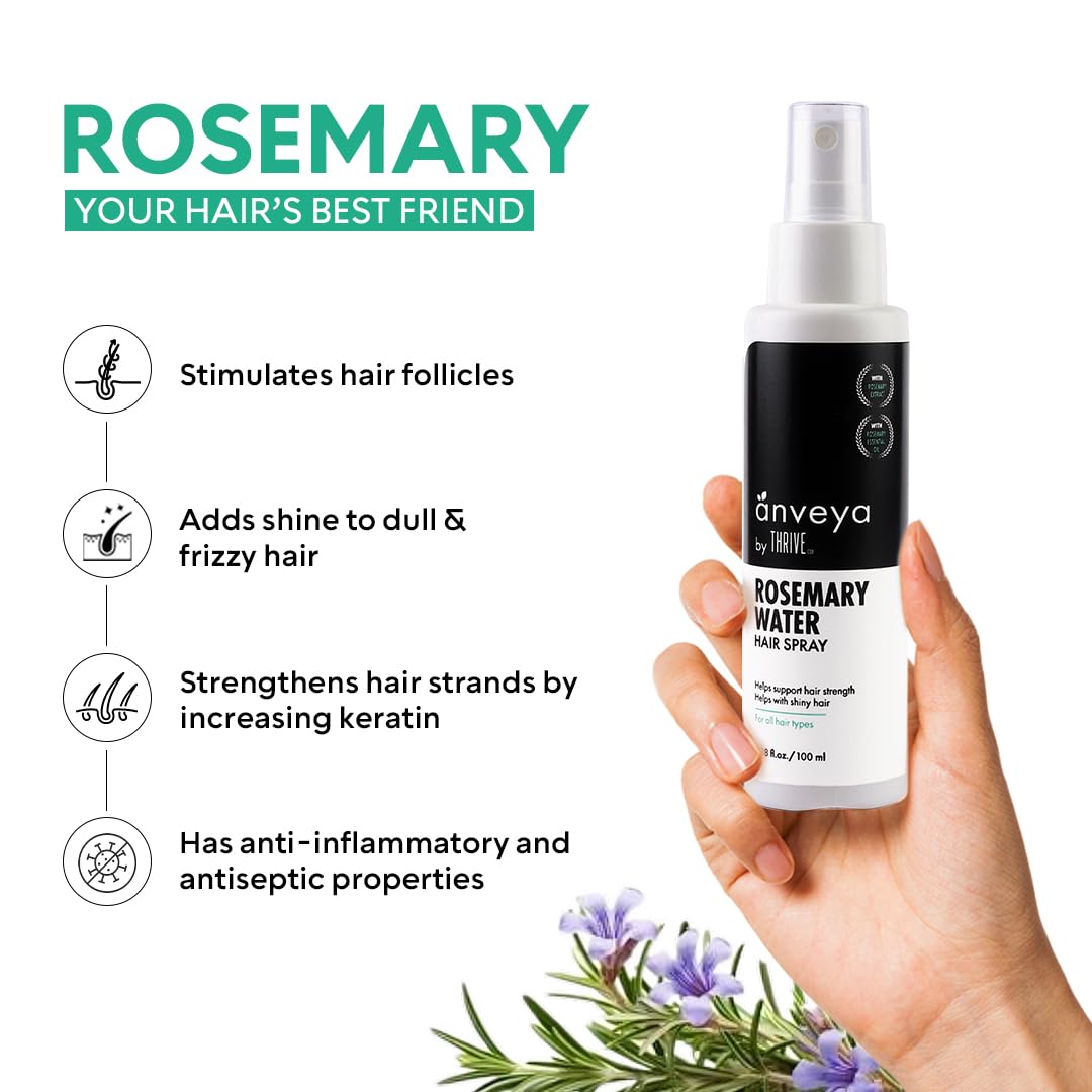 Anveya Rosemary Water Hair Spray | Natural Rose mary Extract, Rice Water & Hyaluronic Acid | Rosemary Water Spray for Hair Growth, Control & Hair Care | Hair Spume to Shine & nourish |100ml