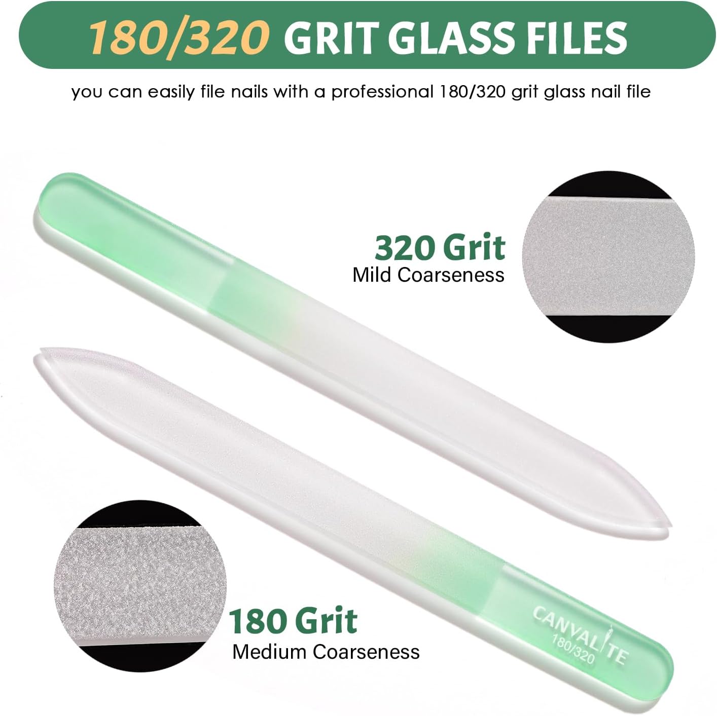 CANVALITE Glass Nail Files for Natural Nails Glass Fingernail File with Case Double Sided 180/320 Grit, Stocking Stuffers for Women Girls, Pack of 3