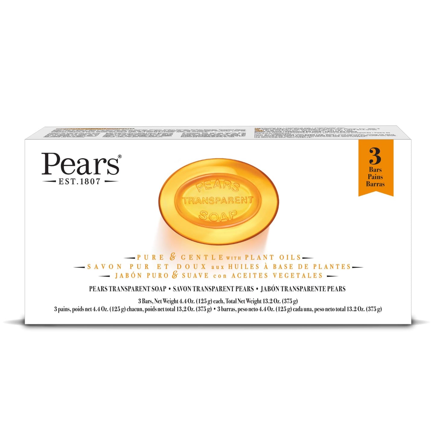 Pears Glycerin Soap, Transparent Amber Value Pack – Pure & Gentle Cleanser with Natural Oils, 3 Bars, 4.4 Oz Ea