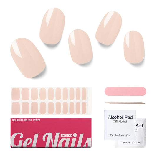 Semi Cured Gel Nail Strips, 20 PCS Gel Nail Stickers Work with UV Light, Salon Quality & Easy to Use - Fresh Cream