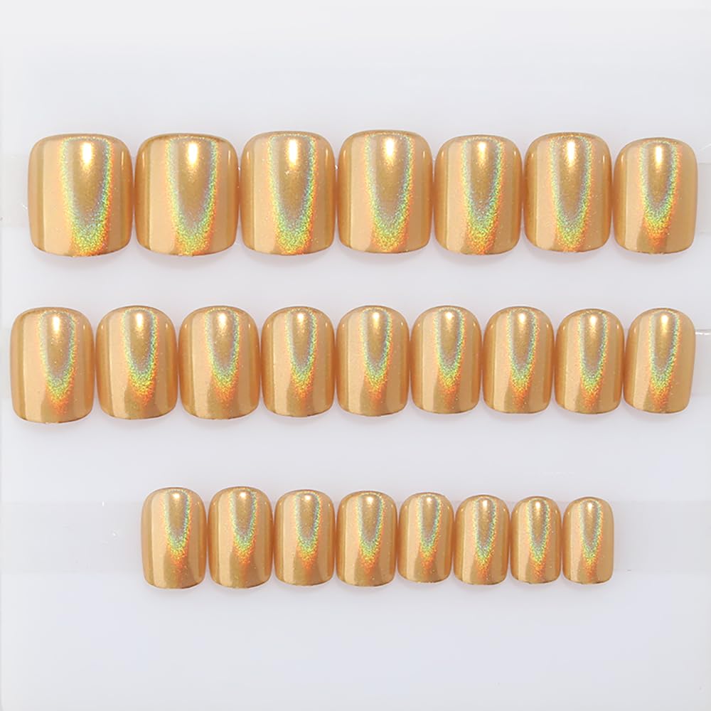 Gold Holographic Press On Nails, Short Chrome Glue On Nails for Women, Metallic Golden Fake Nails with Iridescent Glow, Press On Nails Short Square Shape, Color-Shifting Aurora Effect, 24 Pcs