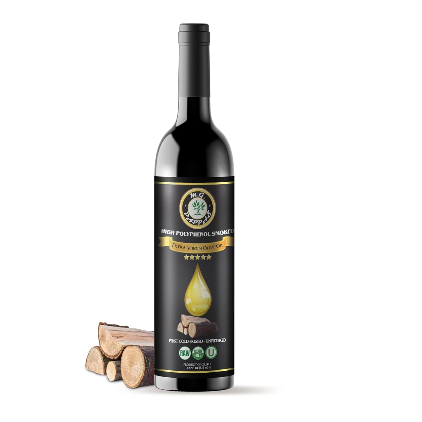 M.G. PAPPAS High Polyphenol Rich Smoked Infused Olive Oil Extra Virgin - Polyphenol Lab Report 650mg/kg- Unfiltered First Cold Pressed Greek EVOO - Award Winning - Smoked Oil Cooking – 12.7 Oz 375ml