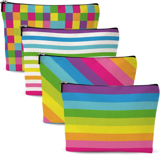 4pcs Colorful Rainbow Makeup Bag, Bright Neon Colors Cosmetic Bag, Christmas Wedding Anniversary Birthday Friendship Gifts for Women Girls Best Friends Therapist Bestie Mom Travel Toiletry Bag