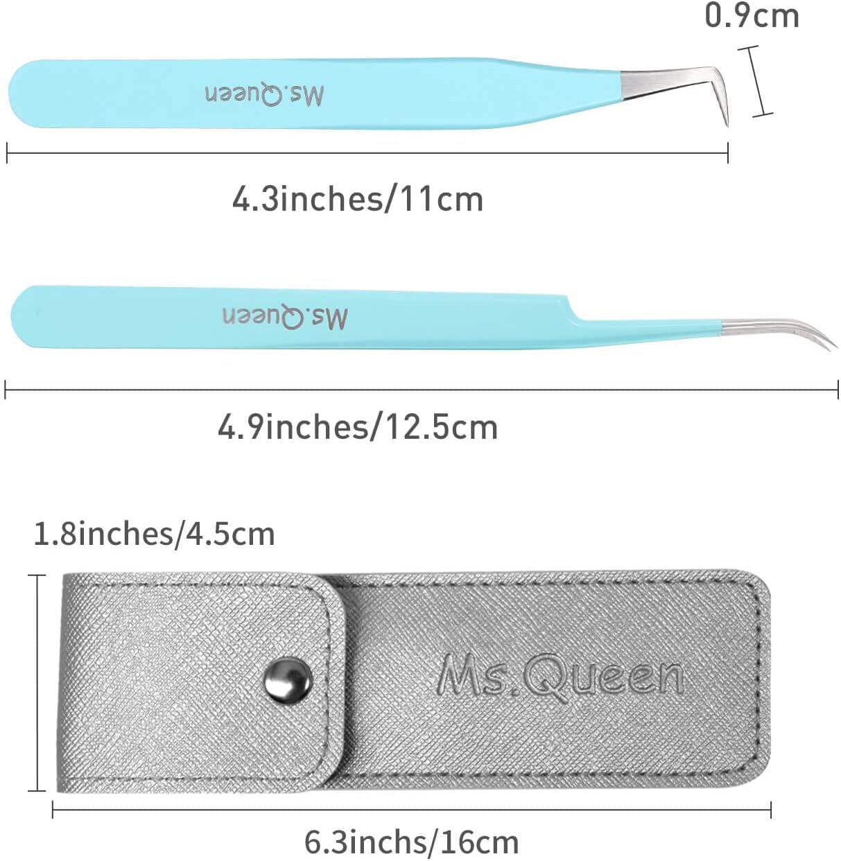 Ms.Queen Eyelash Extension Tweezers Set - Fiber Tip Isolation & 90 Degree Mega Volume Tweezers, Blue