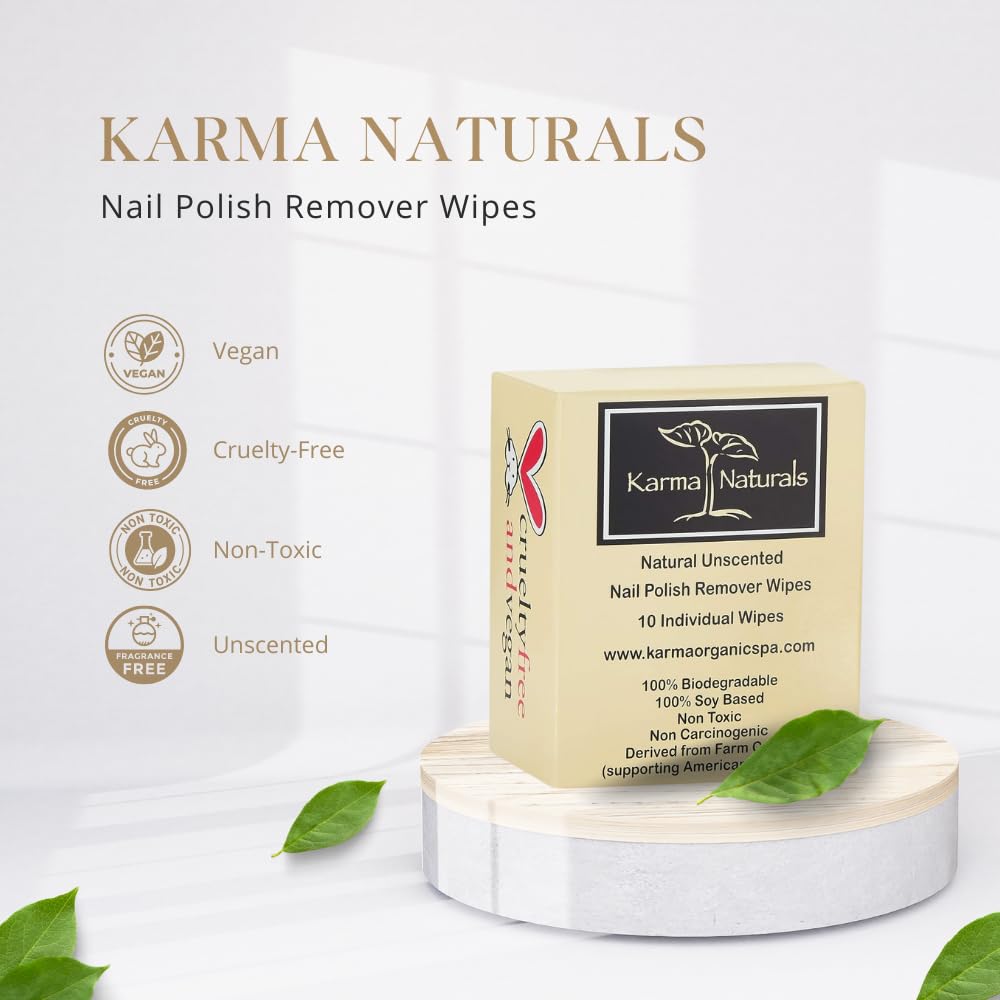 Karma Organic Unscented Nail Polish Remover Wipes, 100% Soy Based, Non-Toxic, Vegan, Cruelty-Free – Pack of 10