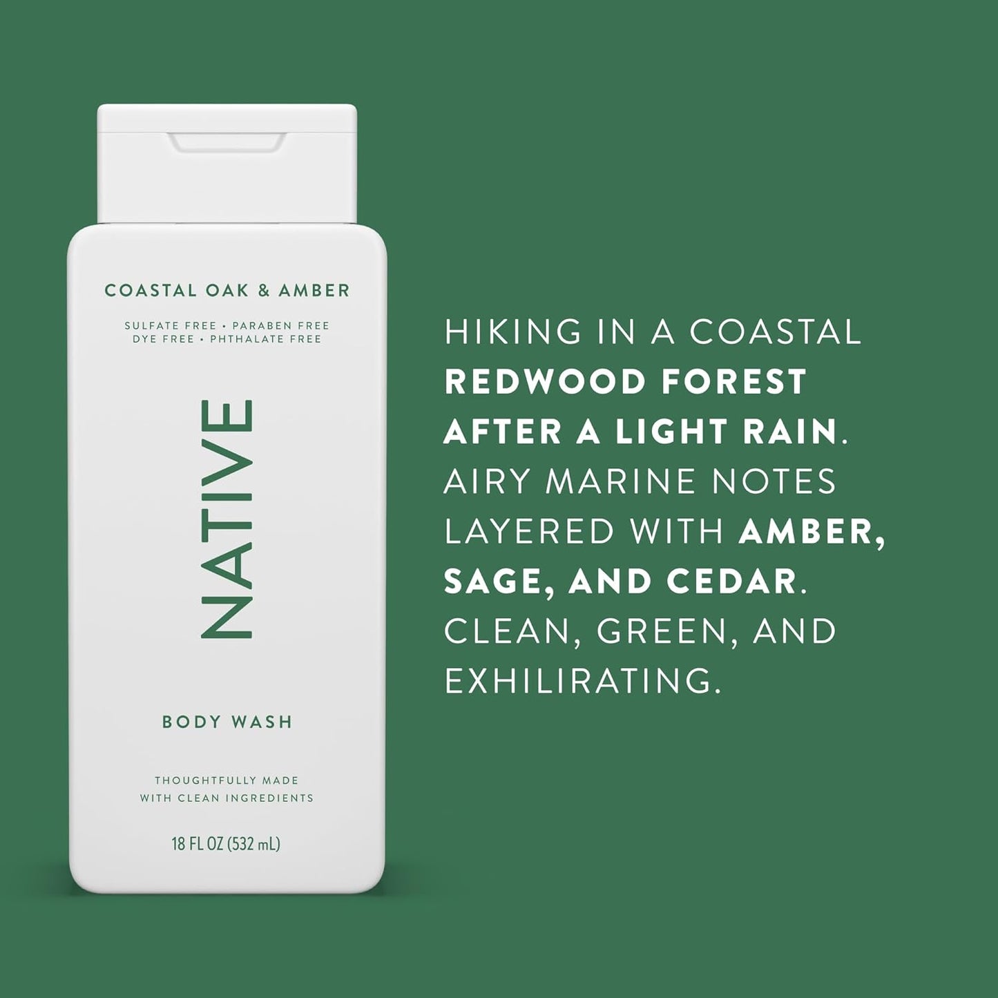 Native Body Wash Contains Naturally Derived Ingredients | For Women & Men, Sulfate, Paraben, & Dye Free Leaving Skin Soft and Hydrating | Coastal Oak & Amber 18 oz - 2 Pk