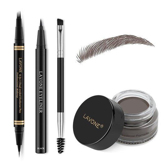 Eyebrow Makeup Kit - 4 Tip Waterproof Microblading Pencil, Eyeliner, Pomade, Dual-ended Brush - Natural Looking - Ebony