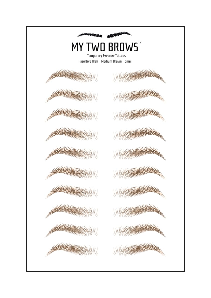 (10 pairs) Medium Brown Temporary Eyebrow Tattoo - Small Size - Waterproof & Smudgeproof - Assertive Arch Style Eyebrow Stickers - Sheet Lasts up to 30 Days - Won't Work on Existing Brows