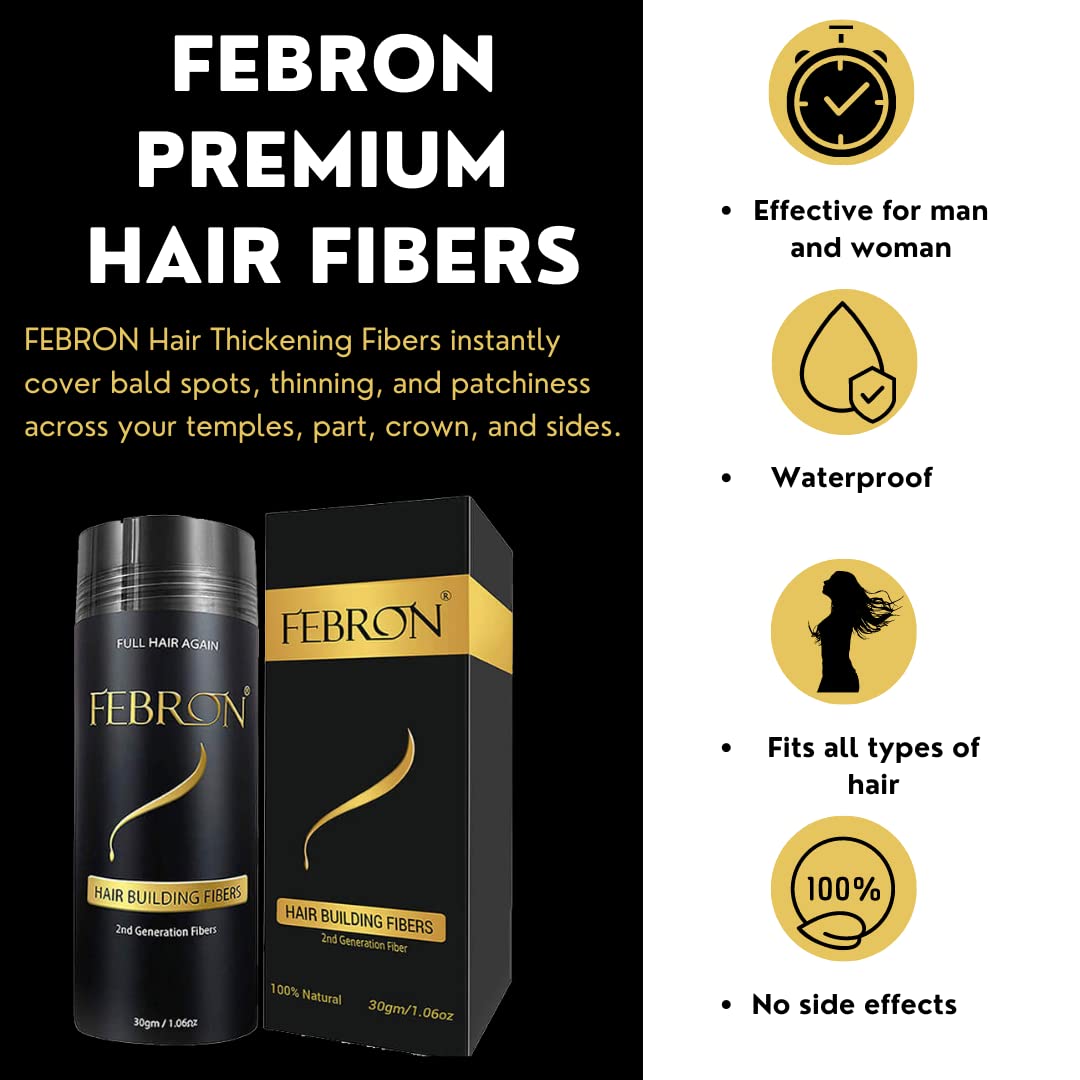 FEBRON Hair Fibers For Thinning Hair DARK BROWN For Women & Men Hair Loss Concealer Hair Powder Volumizing Based 100% Undetectable & Natural - Bald Spots Filler (30 Gram, Dark Brown)
