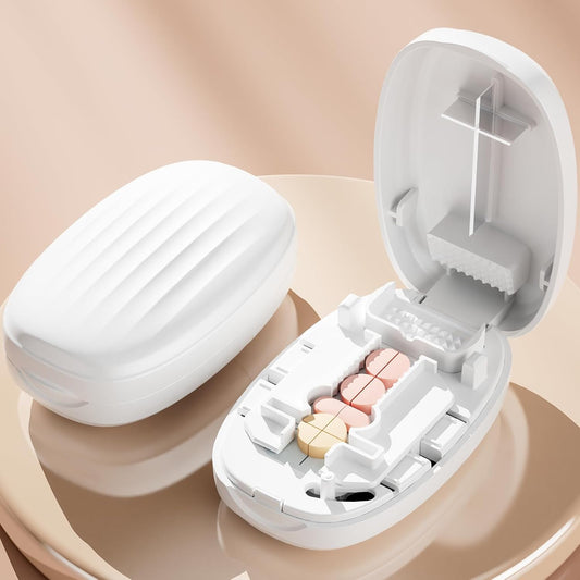 Pill Cutter Splitter for Small and Tiny Pills, 1/2 1/4 Pill Splitter for Small Pills,Vitamins, Tablets in Half or Quarters, Accurate and Easy Cutting, Stainless Steel Blade, Back Storage (White)