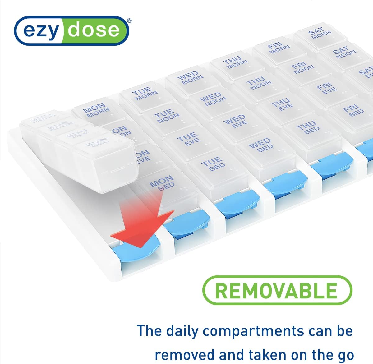 EZY DOSE Weekly (7 Day) 4 Times a Day Push Button Pill Organizer and Vitamin Planner, Removable Daily Pillboxes, Blue, Clear Lids, Large, BPA Free