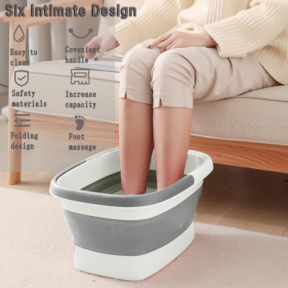 Collapsible Foot Bath Basin for Soaking Feet,Foot Soak Tub,Plastic Foot Bucket with Handles and Massage Acupoint,Foldable Laundry Basket-Gery (2 Pack)