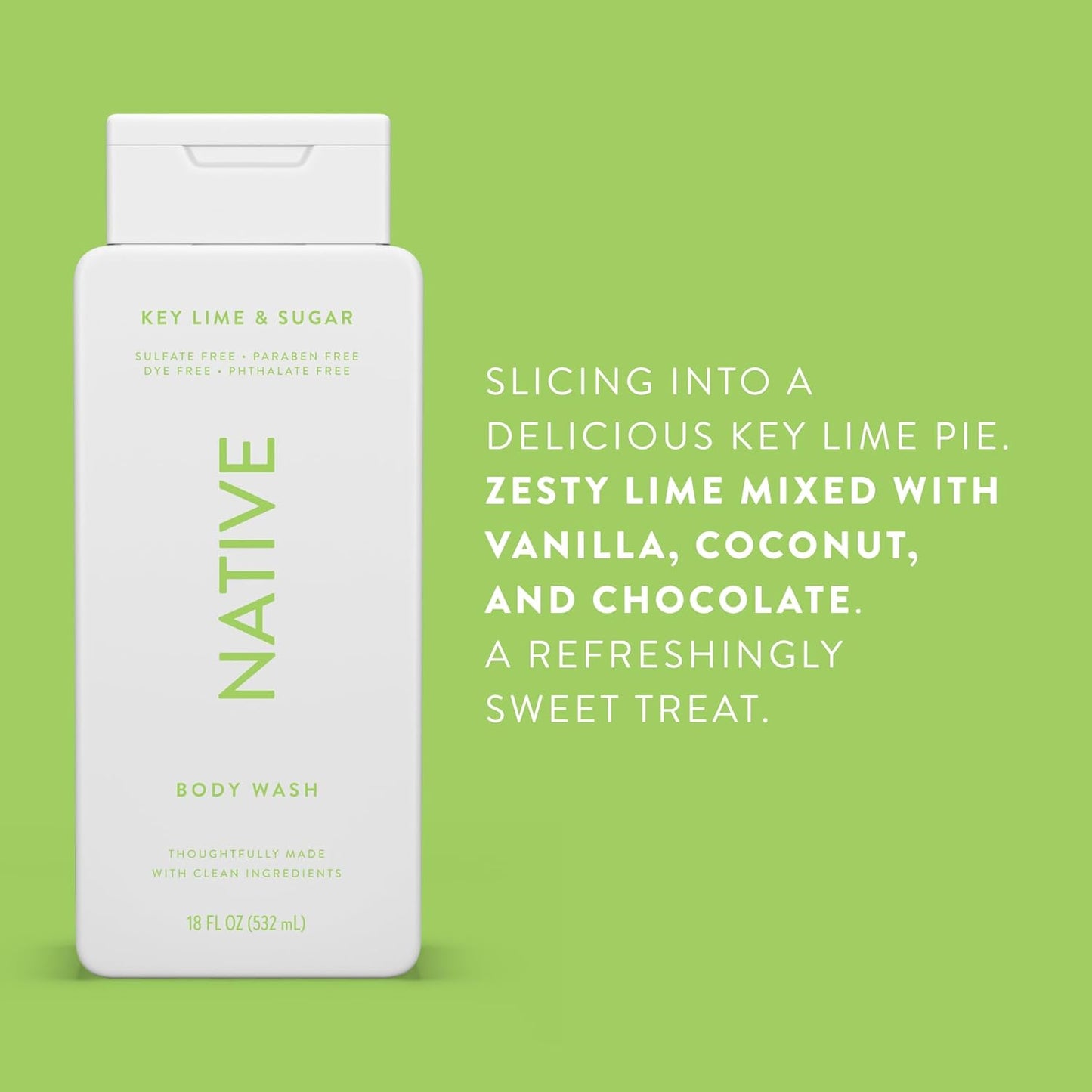 Native Body Wash Contains Naturally Derived Ingredients | For Women & Men, Sulfate, Paraben, & Dye Free Leaving Skin Soft and Hydrating | Key Lime & Sugar 18 oz - 2 Pk