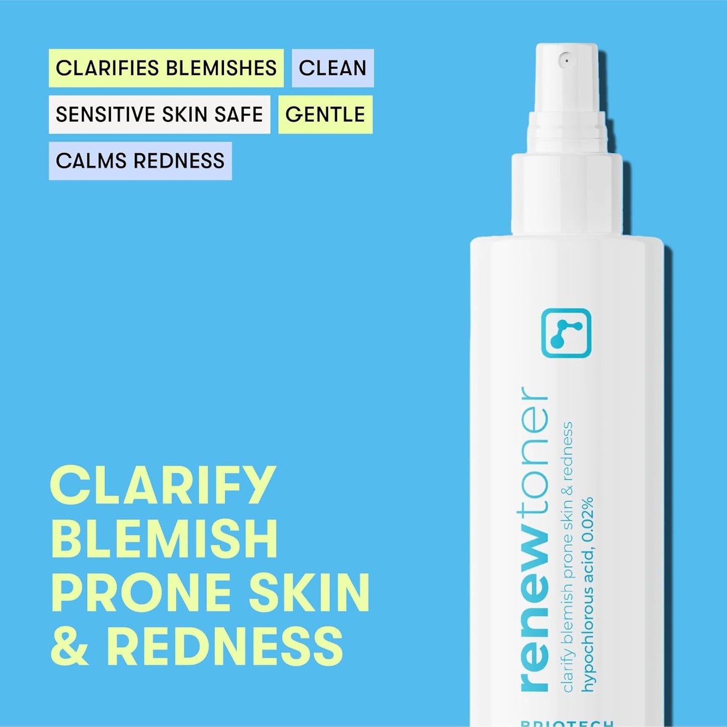 BRIOTECH Renew Toner, Hypochlorous Acid Spray, Minimize Appearance of Blemishes, Soothing Facial Mist for Sensitive Skin, Calm Redness & Bumps, Vegan, 4 fl oz