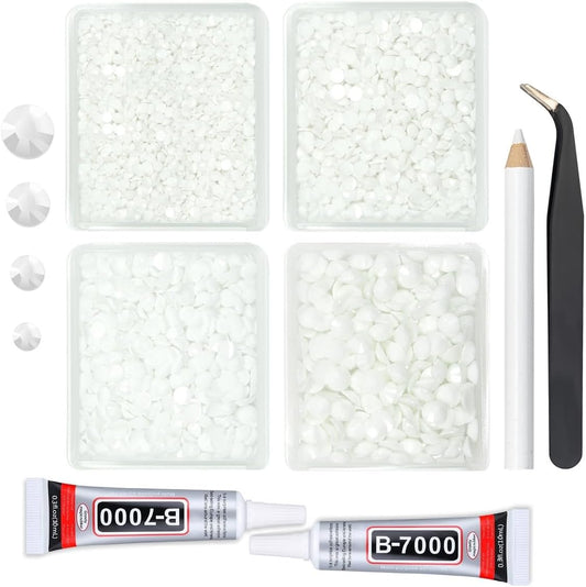 Pure White Resin Rhinestones w B7000 Jewelry Glue for Bedazzling Crafting 3mm 4mm 5mm 6mm Flatback Jelly Stones Bulk SS10 SS16 SS20 SS30 Diamonds Gems for Nails Face Makeup Tumblers DIY Crafts
