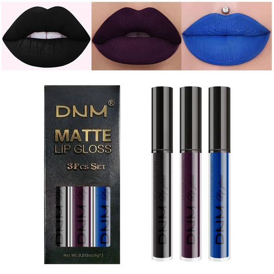 evpct 3Pcs Dark Black Purple Blue Matte Liquid Lipstick Halloween for Women Long Lasting Smudge Proof Black 24 Hours Original Lip Liner and Lipstick Stain Makeup Set labial mate larga duracion 24