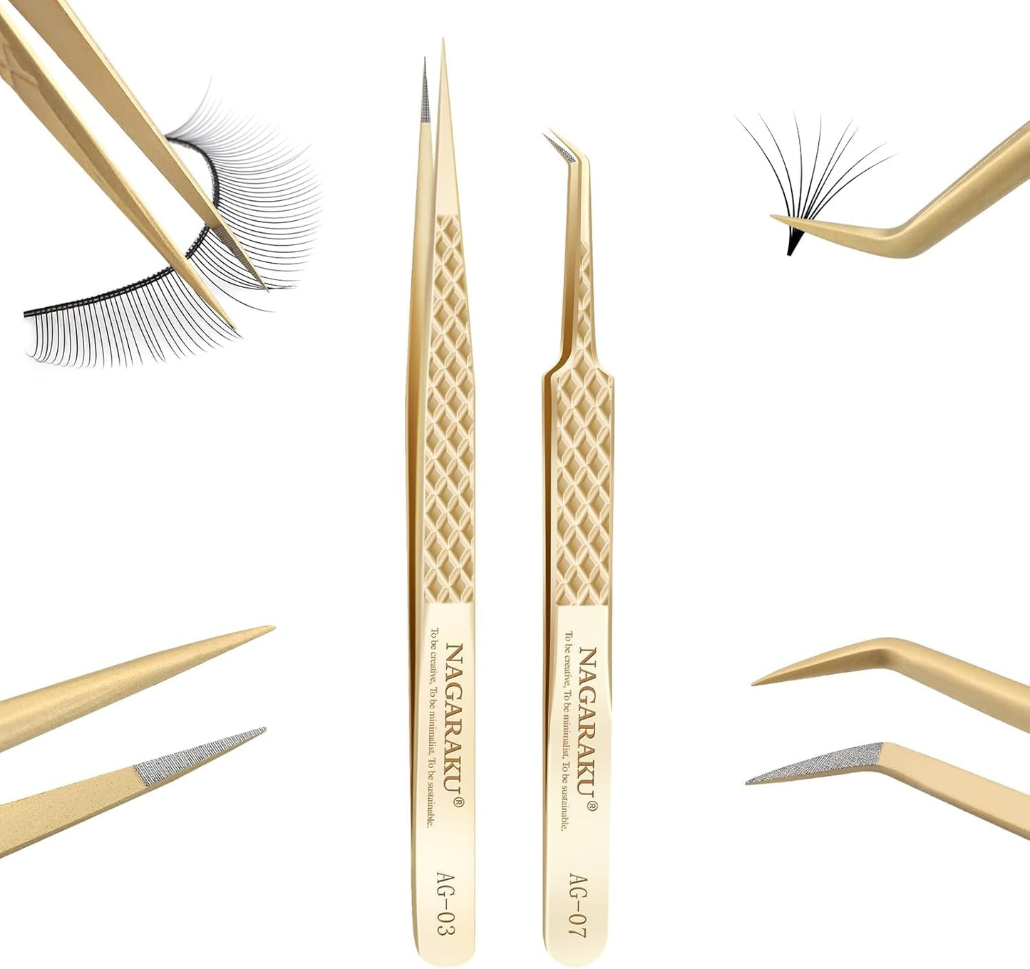 NAGARAKU 1 Pair Precision Fiber Tip Tweezer for Eyelash Extensions Professional Eyelash Tweezers Antistatic Straight & Curved Tip Tweezers with Box(Isolation & Volume Lash Tweezers AG-03 & AG-07)
