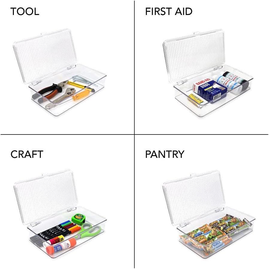 Isaac Jacobs Small Stackable Organizer Bin (10.75” x 6.5” x 2.4”) w Hinged Lid Clear Storage Box Home Office School Fridge Bathroom Kitchen Pantry Container BPAFree Food Safe (Small Clear)