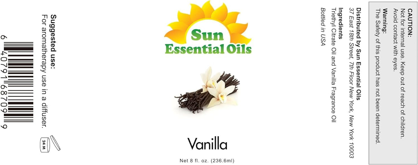 Sun Essential Oils - Vanilla Essential Oil 8 oz with Dropper for Diffuser, Skin, Hair, Humidifier & Aromatherapy Massage, Scent for Candle, Lotion & Soap Making & Room Freshener