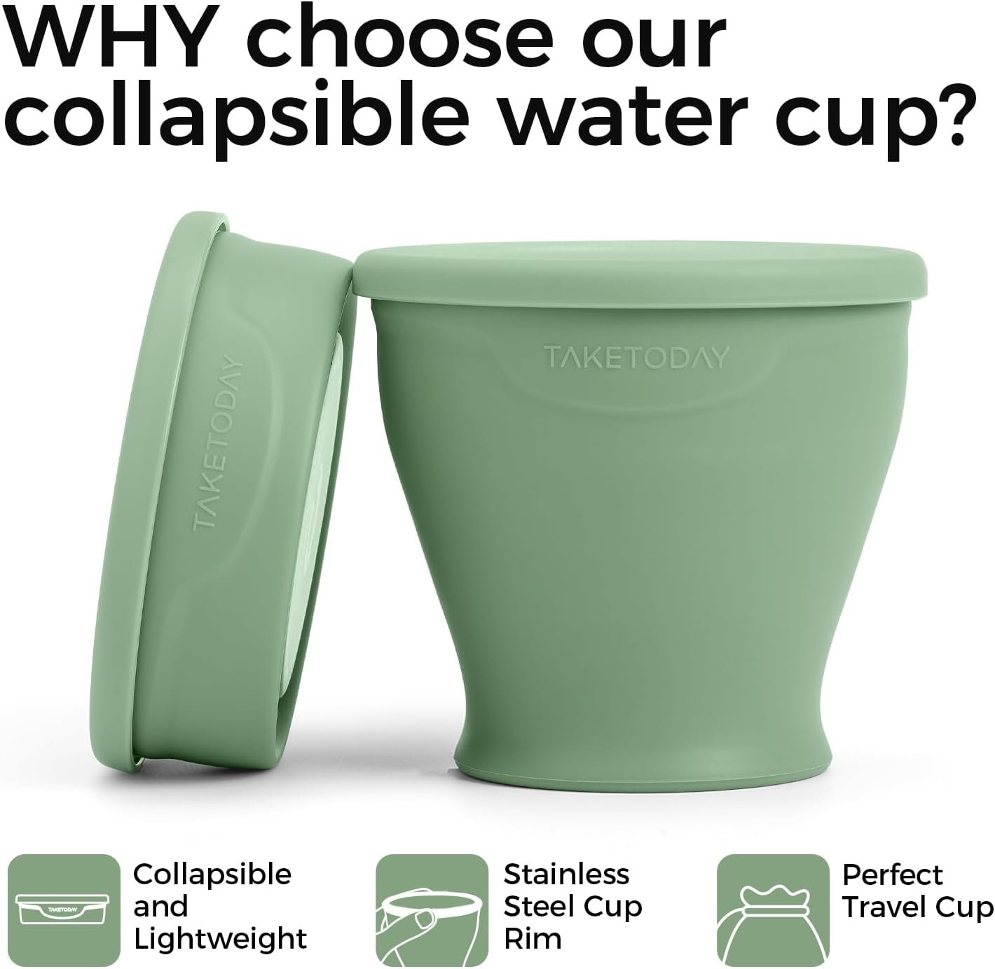 TakeToday Collapsible Travel Cup - Silicone Foldable Water Cup, BPA-Free with Lid & Waterproof Bag - Drinking Cup Set for Office, Camping & International Travel（8 Oz, Green）