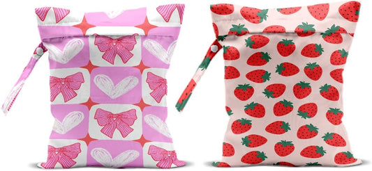 2Pcs Wet Bags, Wet Dry Bag Reusable for Swimsuit, Travel, Diapers, Beach, Dirty Yoga Gym Clothes, Toiletries, Makeup Bag, Waterproof Pink Bow Strawberry Print Birthday Christmas Gifts