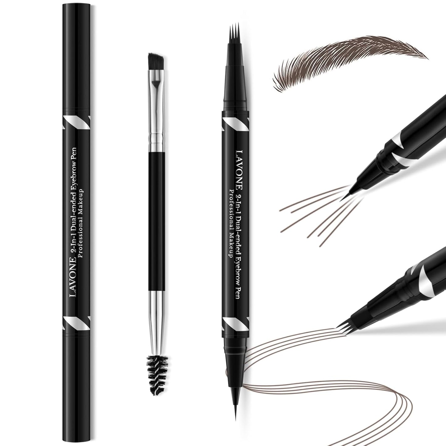 LAVONE Eyebrow Pen,2-IN-1 Dual-ended Waterproof Eyebrow Pencil,with 4 Tip Microblading Eyebrow Pen and Ultra-Precise Brow Pencil,Dual-ended Eyebrow Brush,for Natural Looking - Black Brown
