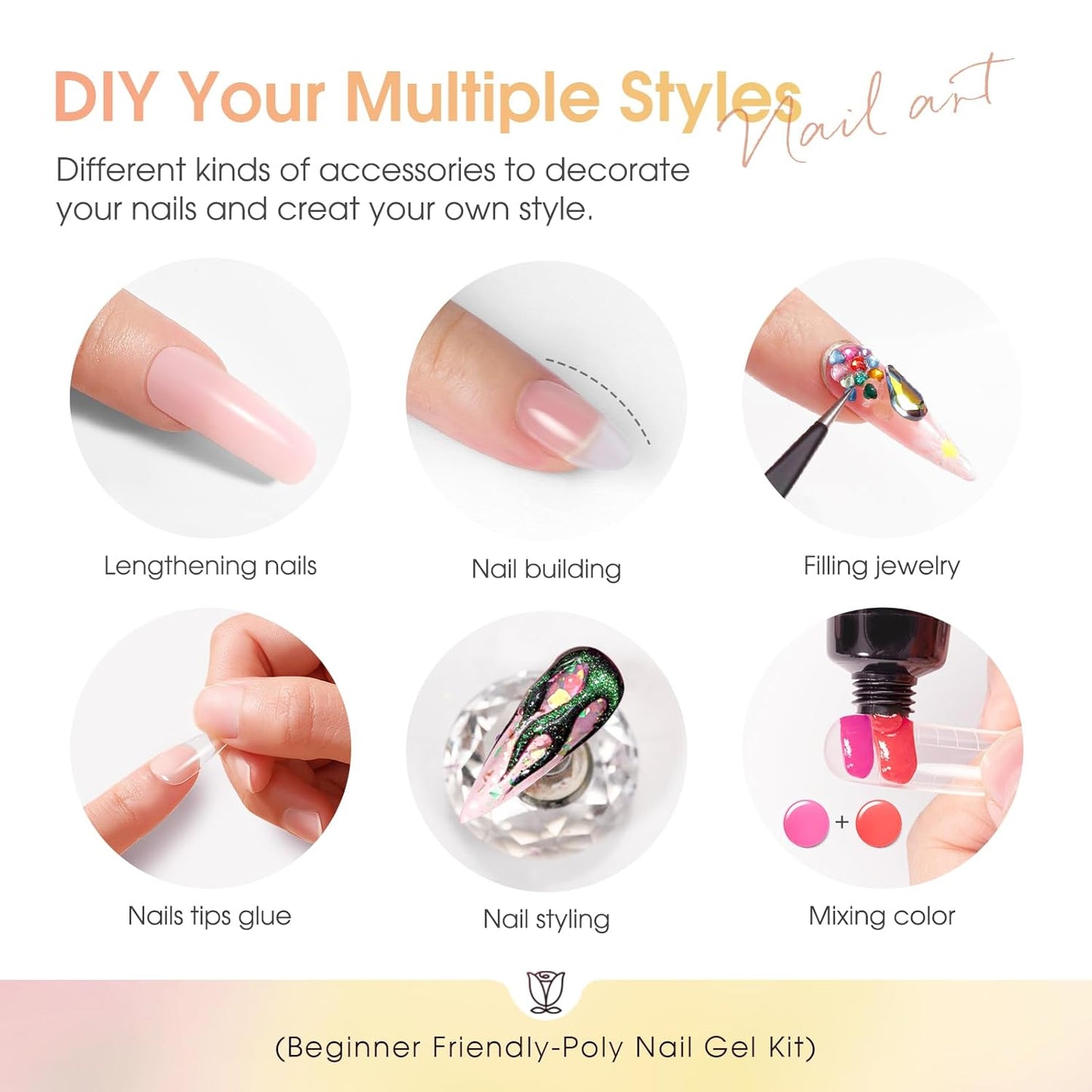 ROSALIND 20PCS Poly Nail Gel Kit with Nail Lamp White Brown Poly Nails Gel Kit Clear Nude Nail Extensions Gel Set With UV Lamp