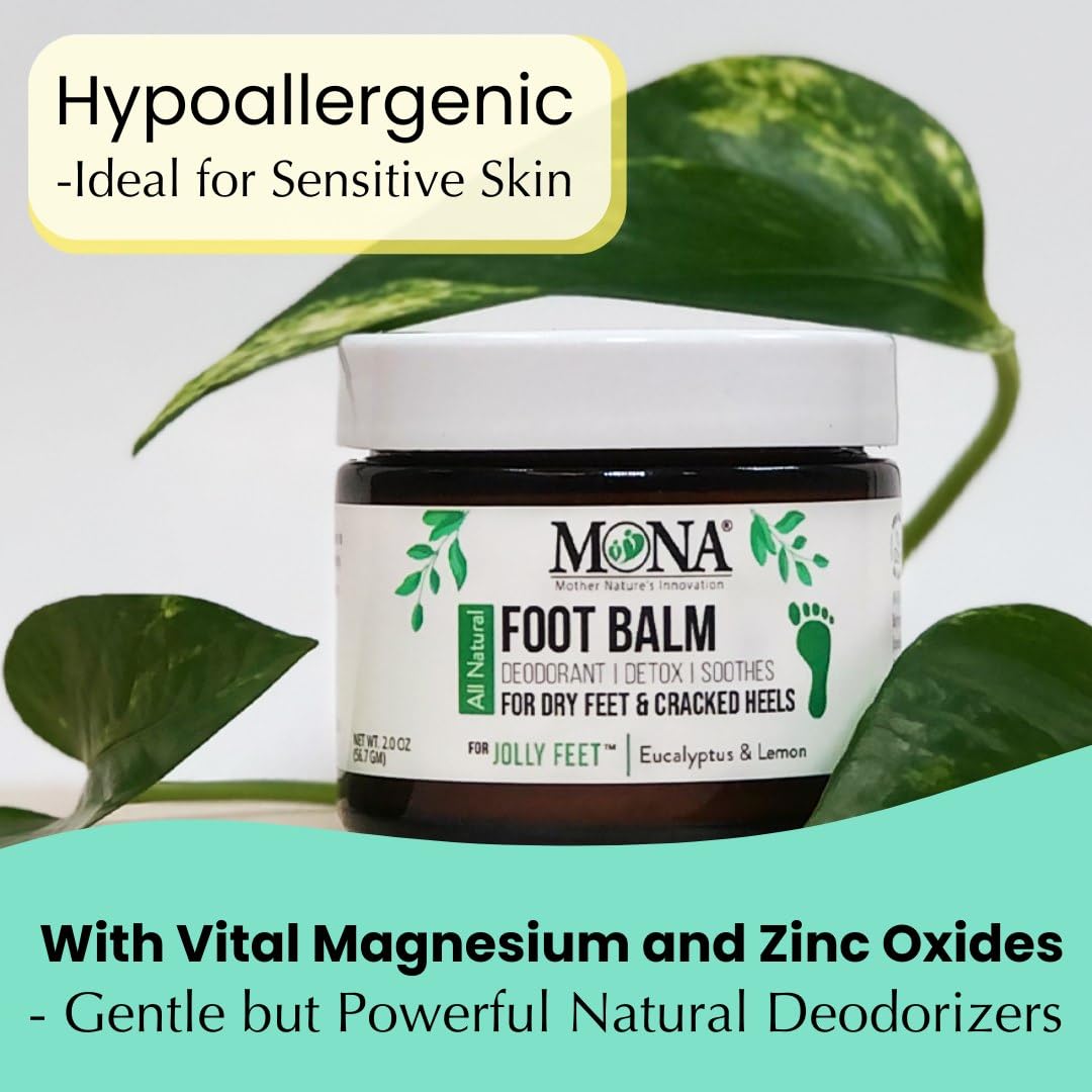 MONA Natural Foot Balm for Dry Cracked Feet & Heels | Moisturizing Foot Cream for Athletes | Callous Repair & Foot Odor Treatment (Eucalyptus & Lemon, 2.0 Oz (Pack of 1))