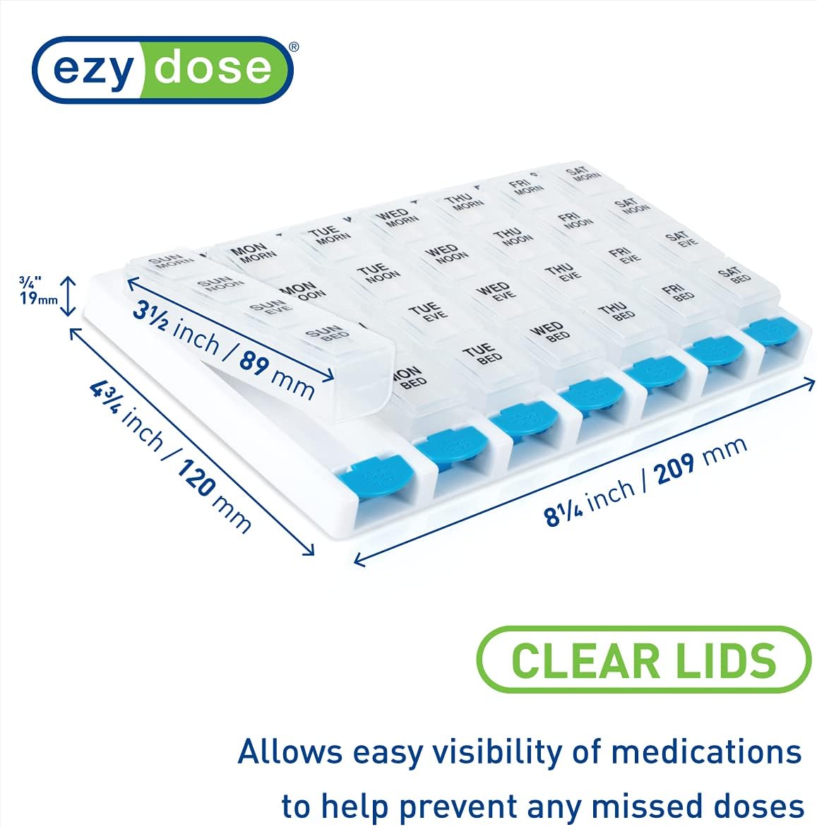 EZY DOSE Weekly (7 Day) 4 Times a Day Push Button Pill Organizer and Vitamin Planner, Removable Daily Pillboxes, Patented Design, Assorted Colors, Clear, Large (Pack of 1) (67133)