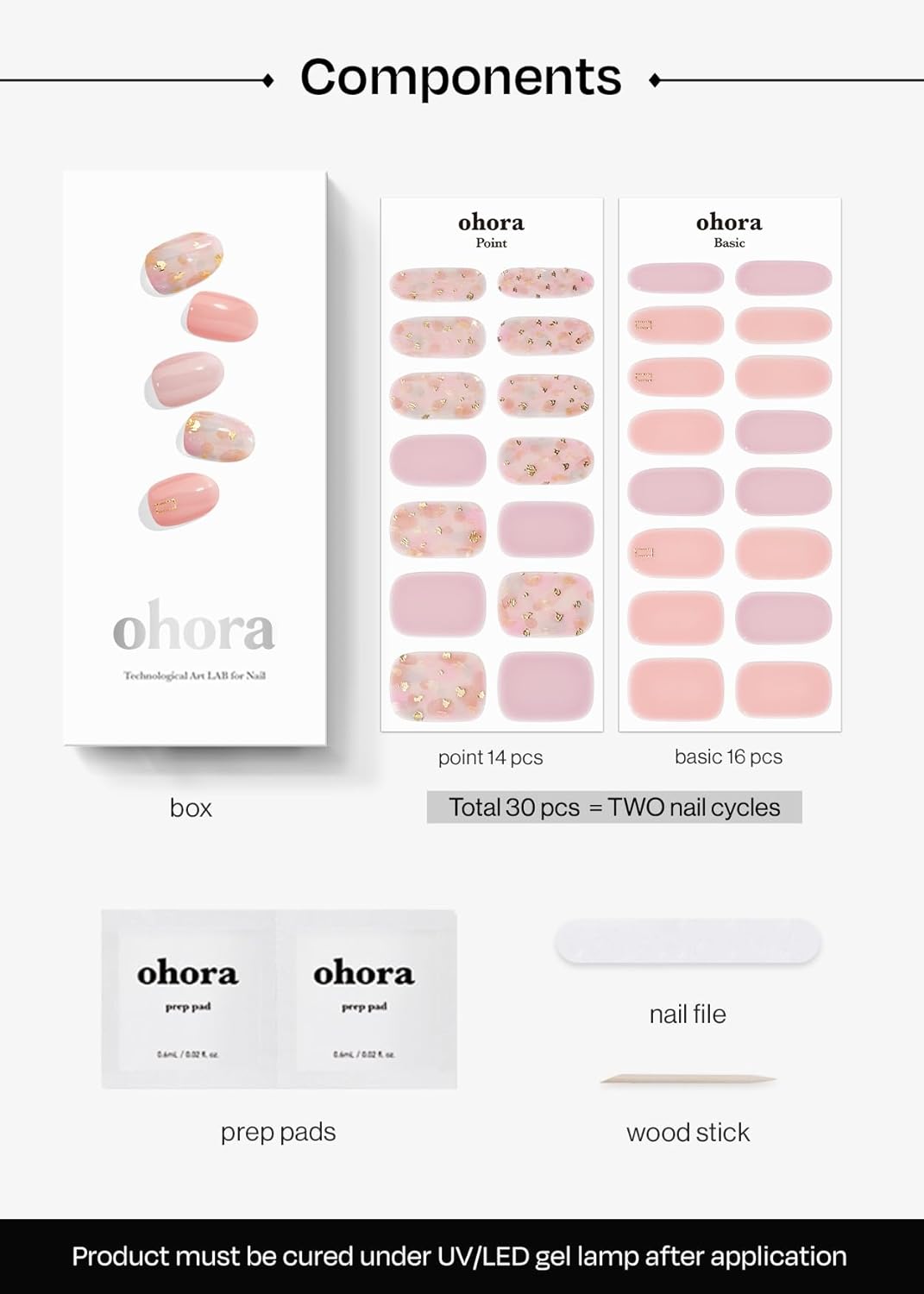 ohora Semi Cured Gel Nail Strips (N Lazy Sunday) - Pink, Patterned, Works with Any UV/LED Lamps, Salon-Quality, Long Lasting, Easy to Apply & Remove - Includes 2 Prep Pads, Nail File & Wooden Stick