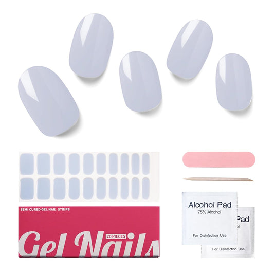 Semi Cured Gel Nail Strips, 20 PCS Gel Nail Stickers Work with UV Light, Salon Quality & Easy to Use - Morandi Blue