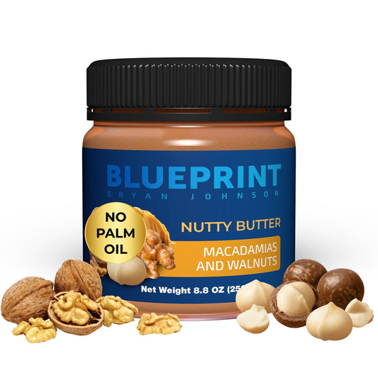 Blueprint Bryan Johnson Nutty Butter – Chunky Macadamia Nut Butter with Walnut – No Palm Oil, No Added Sugar – Just 3 Ingredient Nut Butter– Keto, Vegan, Paleo – Low Carb Nut Butter Snack – 8.8oz Jar
