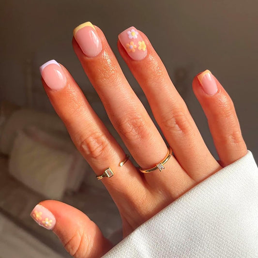 Summer Fall French Press on Nails Short Square, Pink Fake Nails with Colorful French Tip and Cute Blossom Designs, Glossy Gel Finish Acrylic Nails, Thick Reusable Glue on Nails for Women, Candy Tips