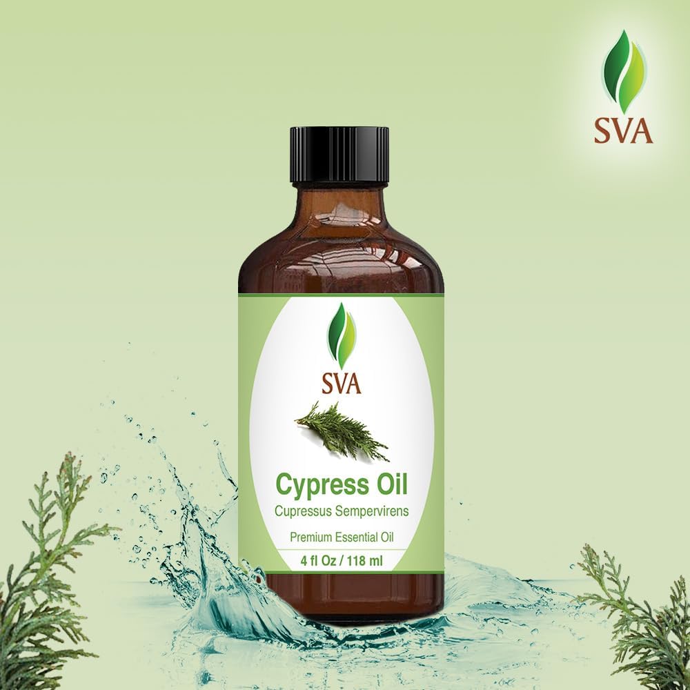 SVA Cypress Essential Oil – 4 Fl Oz – 100% Natural Cypress Oil - for Diffuser, Hair Care, Face, Skin Care, Aromatherapy, Scalp and Body Massage, Soap and Candle Making – with Dropper