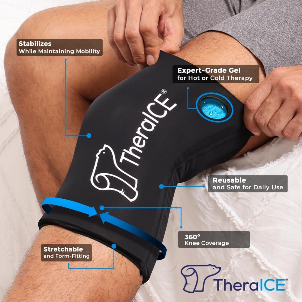 TheraICE Knee Ice Pack Wrap Compression Sleeve for Injuries, Reusable Gel Cold Packs Brace Also for Elbow, Ankle & Calf - Flexible Cold Wrap Recovery for Meniscus, ACL, MCL Pain Relief (XL)