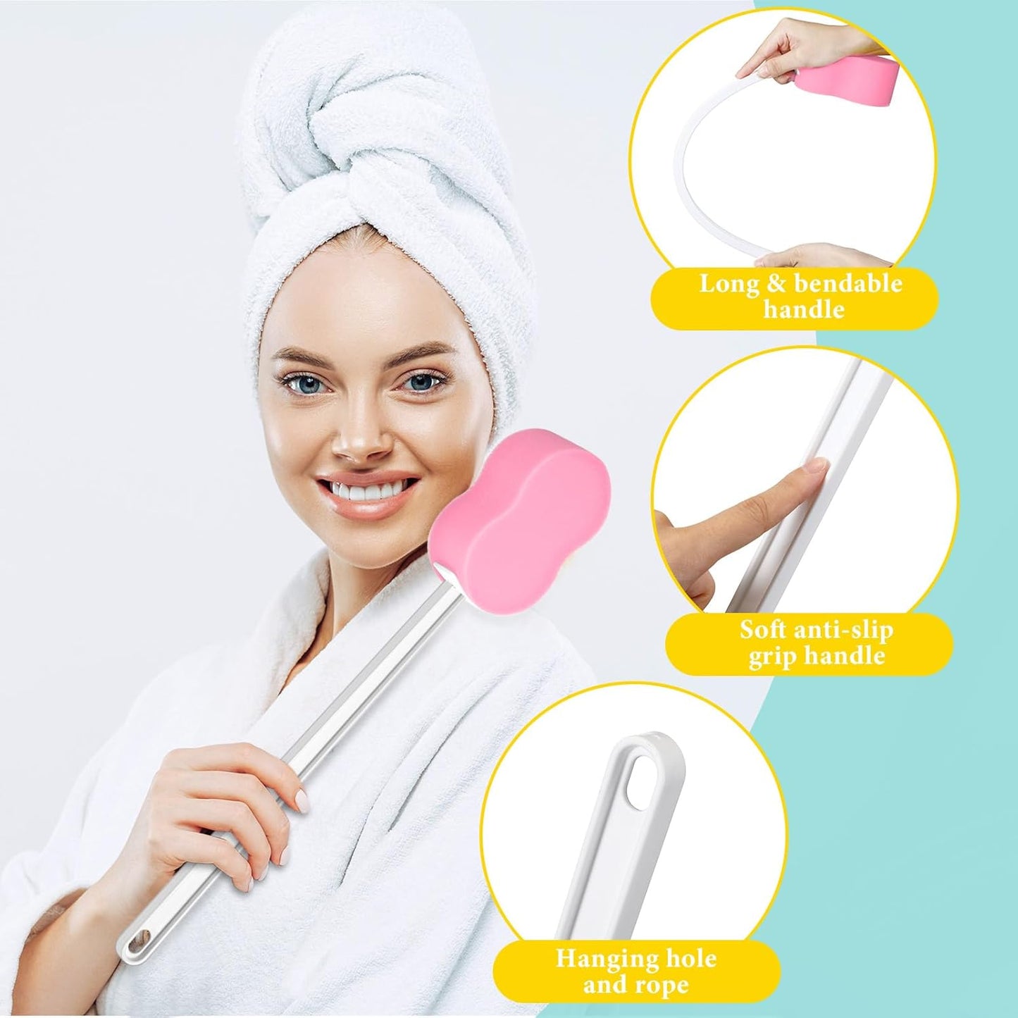 3 Pcs Long Handle Bath Sponge 22.4'' Back Sponge on a Stick Lightweight Back Washer Handled Butt Scrubber Shower Brush for Foot Body Cleaning Bathing Limited Motion(Pink)