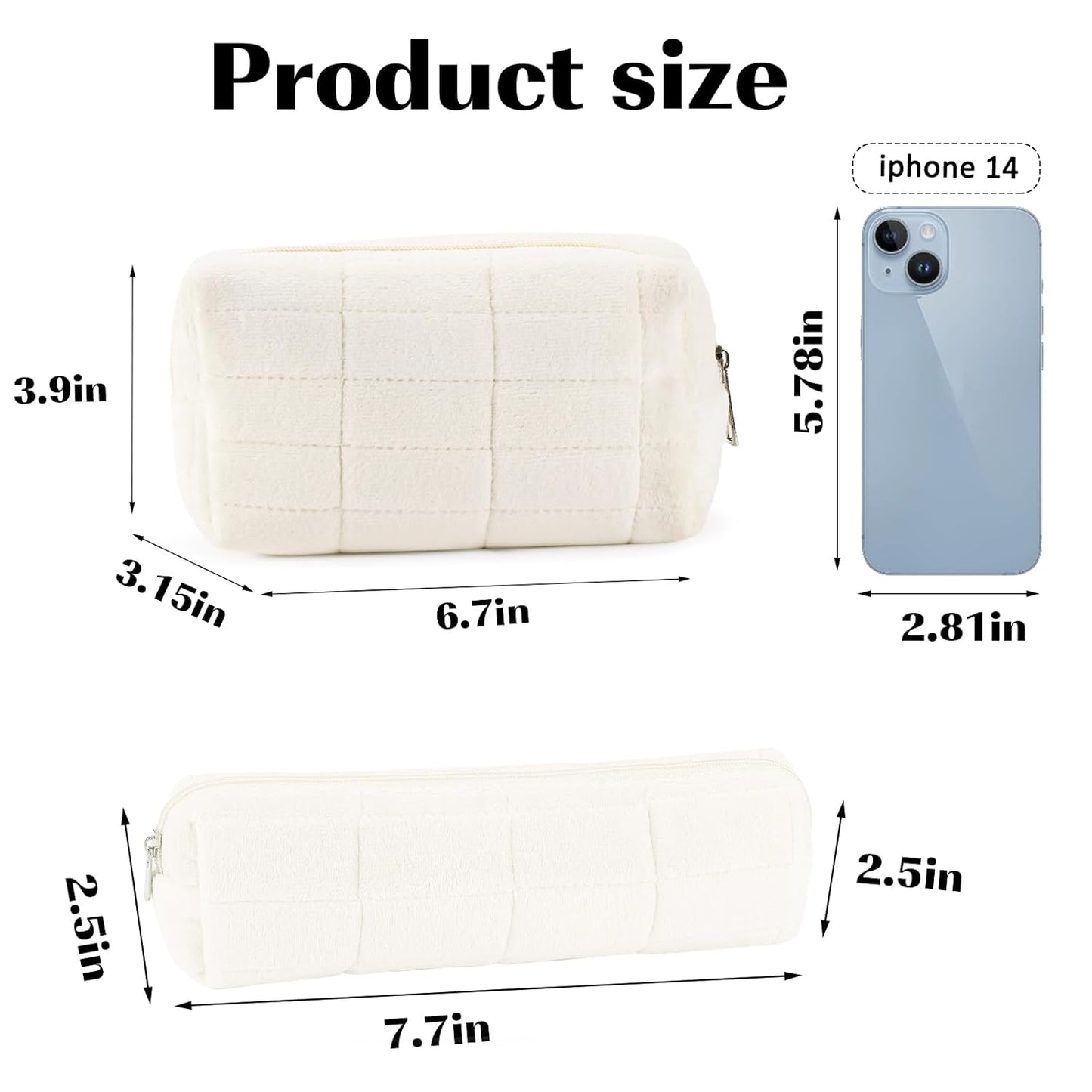 ZLFSRQ 2Pcs Pencil Case Cute Pencil Pouch for Teens Plush Makeup Bag Travel Cosmetic Bag Set White Makeup Pouches Purse Preppy Zippered Toiletry Bags Organizer Trendy Zipper Skincare Storage Organizer