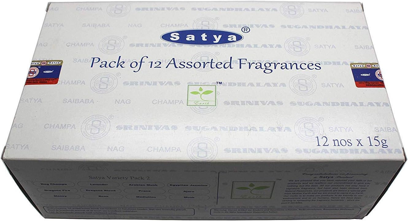 Set of 12 Nag Champa, Lavender, Arabian Musk, Egytian Jasmine, Musk, Dragon's Fire, Dragon's Blood, Prana, Ajaro, Money, Rose, Meditation by Satya Incense Bangalore (BNG)