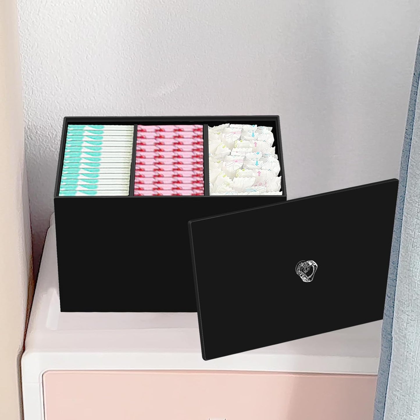 Tampon Box for Bathroom, Tampons and Pads Storage Holder, Women Period Organizer Container, Black