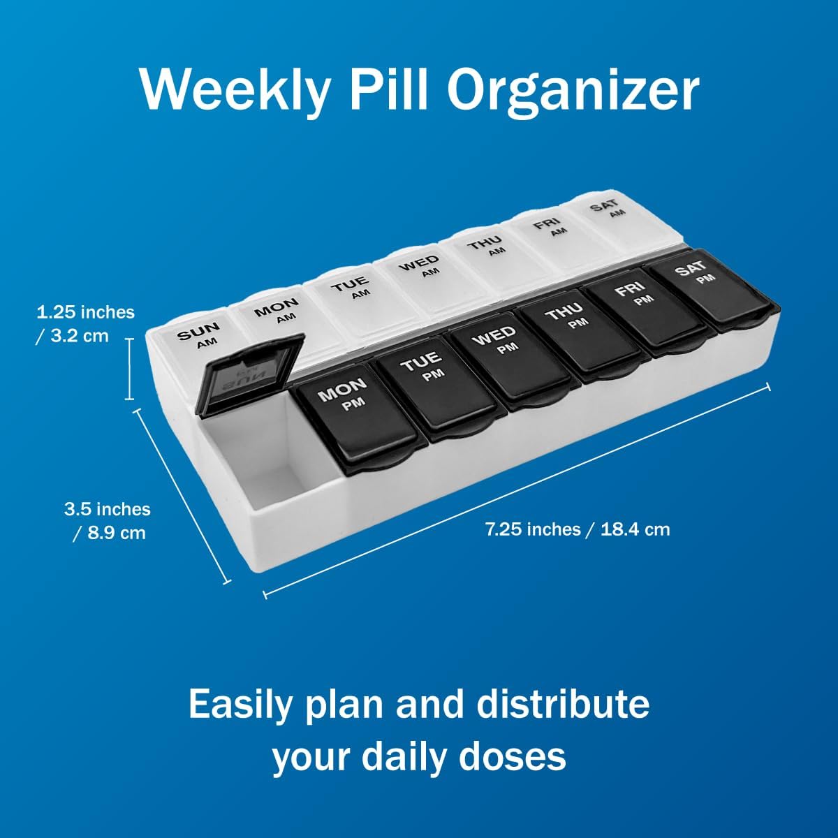 Amazon Basic Care (7-Day) AM/PM Pill Organizer, Vitamin Case, and Medicine Box, Large Compartments, 2 Times a Day, Black and Clear Lids (Pack of 2)