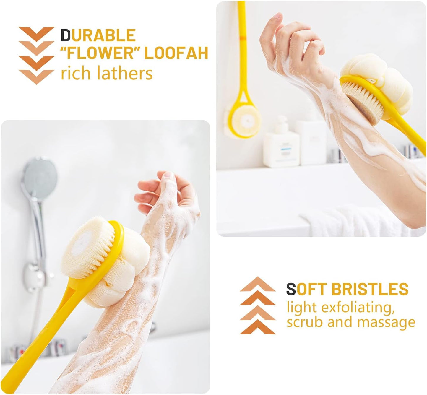 Shower Body Brush,Soft Bristles and Beautiful Pumpkin Loofah 14” Long Handle Back Scrubber Bath Mesh Sponge for Skin Exfoliating Bath,Massage Bristles Suitable for Wet or Dry,Men and Women (Grey)